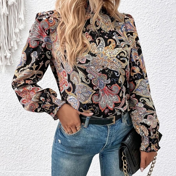 Pre-Order Orange Boho Paisley Mix Print Raglan Sleeve Ruffled Blouse